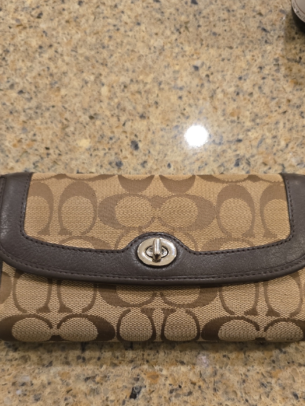 Coach Tan and Dark Brown Signature Canvas Turnlock Wallet